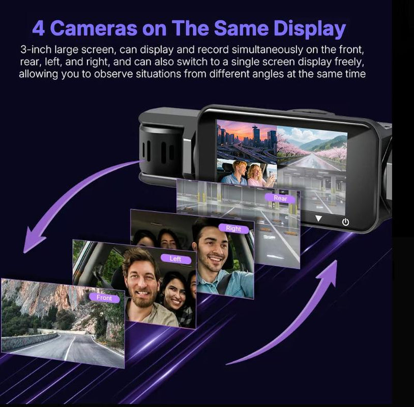 4 Channel Dash Cam with 360° Surround View Includes FREE OBD Cable for 24/7 Parking Monitor 4 Lens Front Rear inside Left Right Recording 4" Display, Built-In Wifi, 64GB Card Clear Night Vision, Hdr，Automotive Driving Recorder